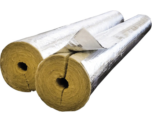 Rörisolering av stenull med aluminiumskikt och självhäftande remsa för termisk isolering av rörledningar.