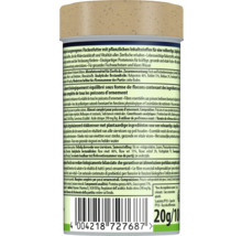 Baksida av en förpackning med flingfoder för akvariefiskar med ingredienser, biologiskt balanserat, 20 gram.