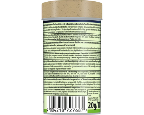 Baksida av en förpackning med flingfoder för akvariefiskar med ingredienser, biologiskt balanserat, 20 gram.