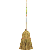 FloraSelf kvast för barn av ris med träskaft, FloraSelf Logo och sigill för pedagogiskt värdefull leksak.