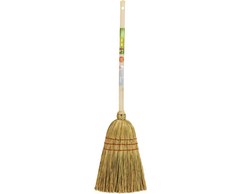 FloraSelf kvast för barn av ris med träskaft, FloraSelf Logo och sigill för pedagogiskt värdefull leksak.