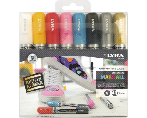 Lyra Graduate Mark All permanentmarker-set med 8 pennor, 2 millimeter rund spets, vattenbaserad, lämplig för alla ytor.