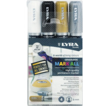 Set med 4 permanenta Lyra Graduate Mark All-pennor i vitt, svart, guld och silver, 2 millimeter spets, för alla ytor.
