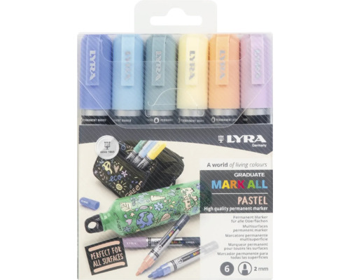 Lyra Graduate Mark All permanentmarker pastell 6-pack med en linjebredd på 2 millimeter för alla ytor