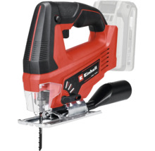 Batteridriven sticksåg från Einhell med bygghandtag, sågblad, genomskinligt splitterskydd och dammsugaradapter.