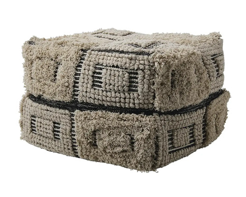 Kvadratisk sittpuff med geometriska mönster och tuftad struktur i beige och svart.