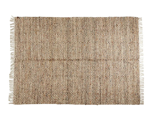 Rektangulär matta av beiga naturfibrer med zigzagmönster och fransar på kortsidorna.