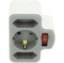 Vit vägguttagsadapter med ett jordat uttag, två euro-uttag och en röd strömbrytare. Maximalt 3680 watt.