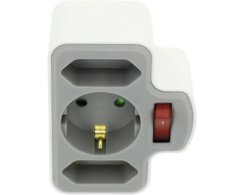 Vit vägguttagsadapter med ett jordat uttag, två euro-uttag och en röd strömbrytare. Maximalt 3680 watt.