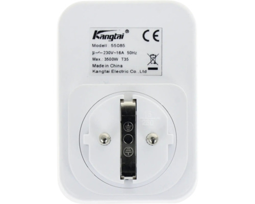 Baksidan av en Kangtai mellanpropp modell 55085 med tekniska data som 230 Volt och 16 Ampere, CE-märkning och återvinningssymbol.