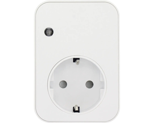 Vit smart stickkontakt med jordat uttag och en liten kontrollampa uppe till vänster.
