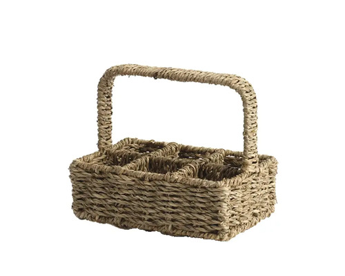 Flaskkorg i flätat naturmaterial med sex fack och ett bärhandtag.