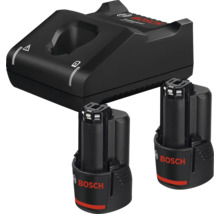 Bosch Professional 12 Volt startpaket med en GAL 12V-40 laddare och två 12 Volt litiumjonbatterier.