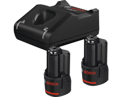 Bosch Professional 12 Volt startpaket med en GAL 12V-40 laddare och två 12 Volt litiumjonbatterier.