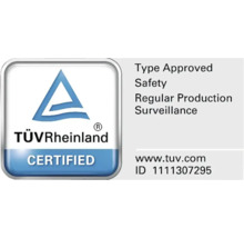 TÜV Rheinland-märkning för typgodkänd säkerhet och regelbunden produktionsövervakning.