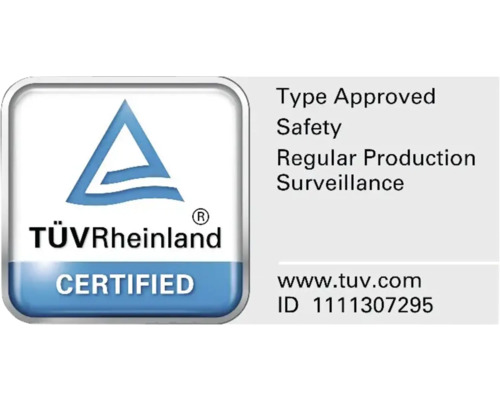 TÜV Rheinland-märkning för typgodkänd säkerhet och regelbunden produktionsövervakning.