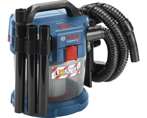 Bosch Professional GAS 18 Volt-10 liter batteridriven våt- och torrdammsugare klass L med genomskinlig behållare och sugslang. Bosch Logo.