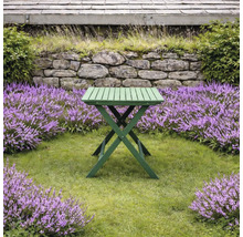 Grönt fällbart träbord i en trädgård med gräsmatta, lila blommor och stenmur.