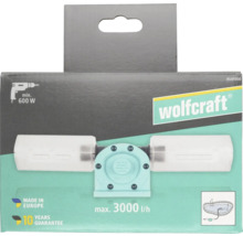 Wolfcraft borrmaskinspump i förpackning med Wolfcraft Logo, kapacitet maximalt 3000 liter per timme, från 600 Watt, 10 års garanti.