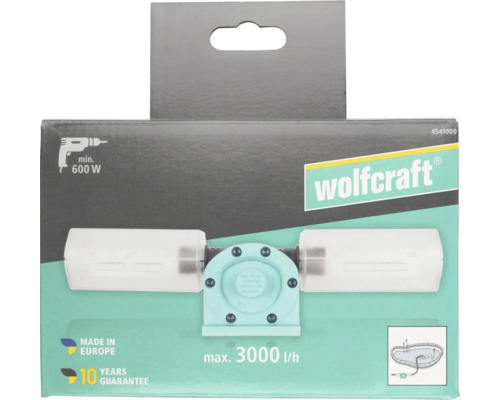 Wolfcraft borrmaskinspump i förpackning med Wolfcraft Logo, kapacitet maximalt 3000 liter per timme, från 600 Watt, 10 års garanti.