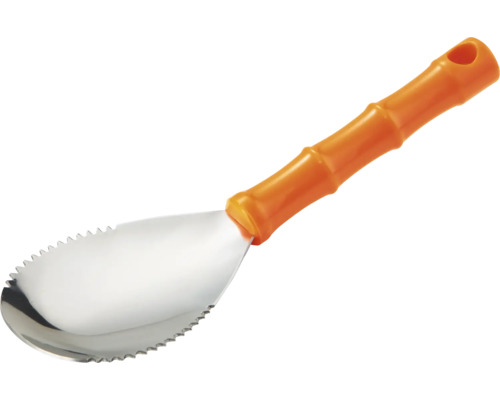Planteringsspade i rostfritt stål med tandade kanter och orange plasthandtag.