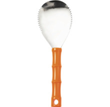 Fogskrapa med tandat blad av rostfritt stål och ergonomiskt orange plasthandtag.