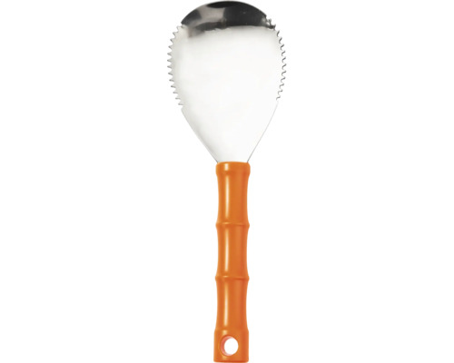Fogskrapa med tandat blad av rostfritt stål och ergonomiskt orange plasthandtag.