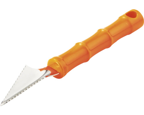 Fogskrapa med tandat metallblad och orange plasthandtag.