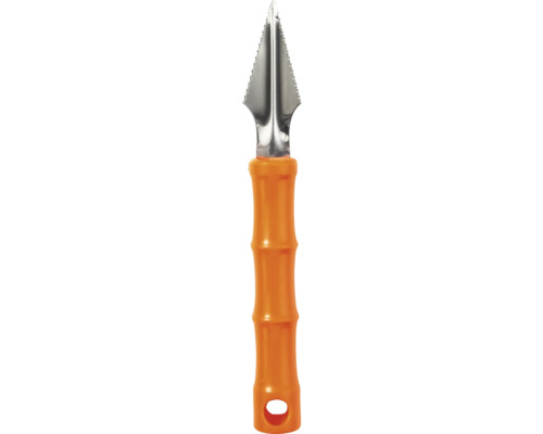 Citronskalare med tandat blad av rostfritt stål och orange plasthandtag.
