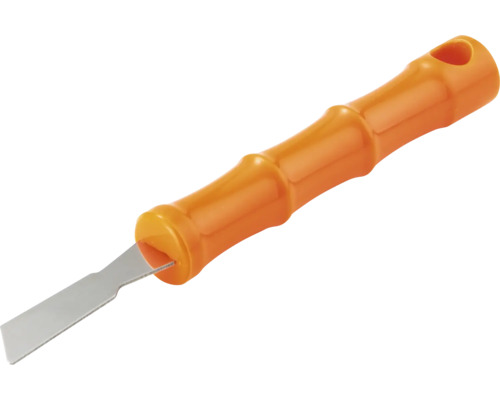 Skrapa med orange plasthandtag och metallblad.