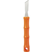 Skrapa med metallblad och orange plasthandtag med upphängningshål.