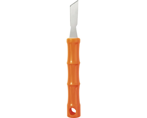 Skrapa med metallblad och orange plasthandtag med upphängningshål.