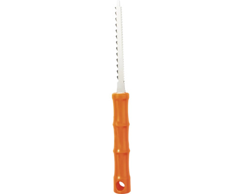 Sticksåg med tandat metallblad och ergonomiskt orange plasthandtag.