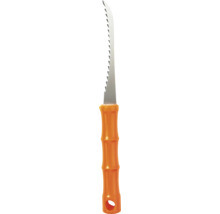 Sticksåg med tandat metallblad och orange plasthandtag.