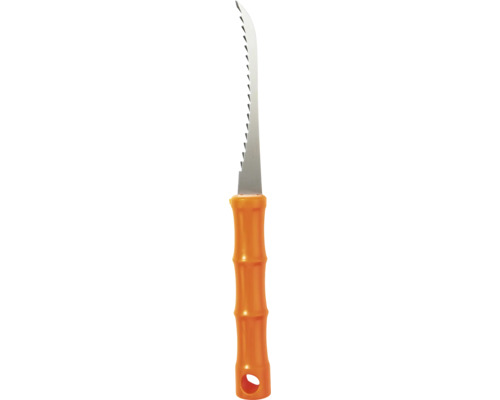 Sticksåg med tandat metallblad och orange plasthandtag.