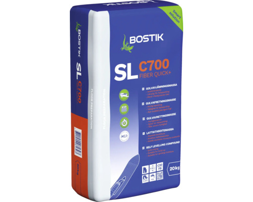 Bostik Logo på en 20 kilogram förpackning SL C700 Fiber Quick plus fiberförstärkt golvavjämningsmassa för golvförberedelse.