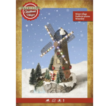 Handmålad Lumineo julby väderkvarn med rörelse, belysning, jultomte och snöiga granar.