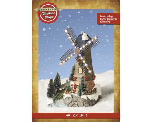 Handmålad Lumineo julby väderkvarn med rörelse, belysning, jultomte och snöiga granar.