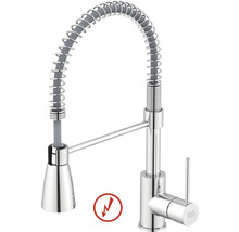 Lågtrycks köksblandare med professionell dusch, spiralfjäder och ettgreppsblandare, förkromad. KEO Logo.