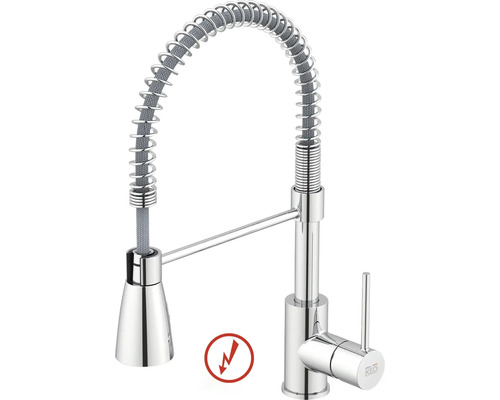 Lågtrycks köksblandare med professionell dusch, spiralfjäder och ettgreppsblandare, förkromad. KEO Logo.