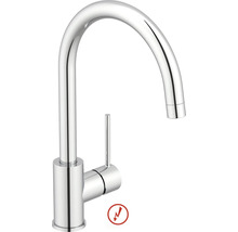 Lågtrycks köksblandare med hög svängbar pip och sidospak av förkromad metall.