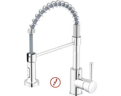 Köksblandare i krom med flexibel pip, spiralfjäder och utdragbar diskdusch, lämplig för lågtryck.