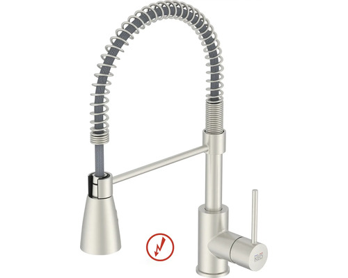 Köksblandare KEO Ilma satinerad rostfritt stål lågtryck Professionell köksblandare med spiralfjäder, ettgreppsblandare och lämplig för lågtryck. KEO Logo.