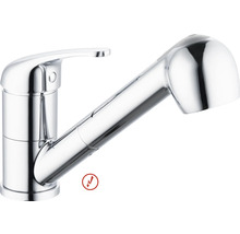 Ettgrepps köksblandare med utdragbar diskdusch i krom, lämplig för lågtryck.