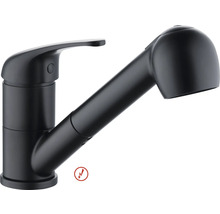 Svart matt köksblandare med utdragbar pip och ettgreppsblandare, lämplig för lågtryck.