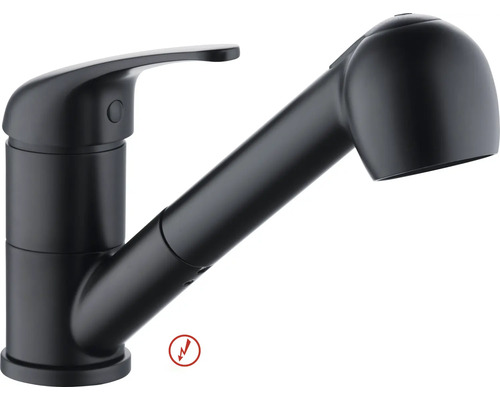 Svart matt köksblandare med utdragbar pip och ettgreppsblandare, lämplig för lågtryck.