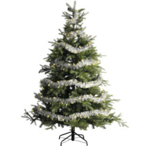 Konstgjord julgran med silverglimmer och LED-belysning på ett metallstativ.