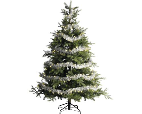 Konstgjord julgran med silverglimmer och LED-belysning på ett metallstativ.