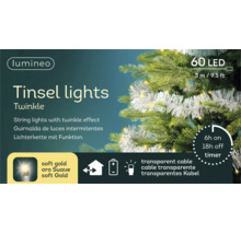 Lumineo Tinsel lights Twinkle ljusslinga med 60 soft gold LED, 3 meter, batteridriven med timer, transparent kabel, för inomhusbruk.