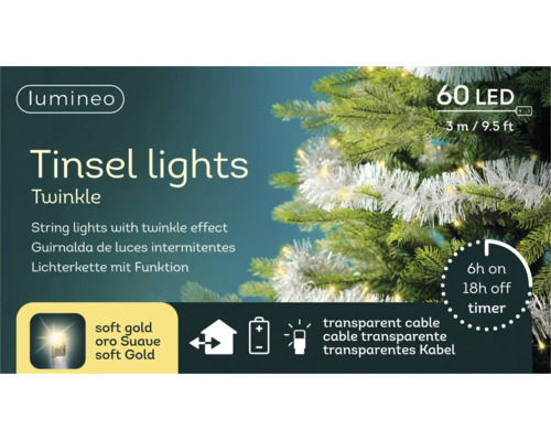 Lumineo Tinsel lights Twinkle ljusslinga med 60 soft gold LED, 3 meter, batteridriven med timer, transparent kabel, för inomhusbruk.